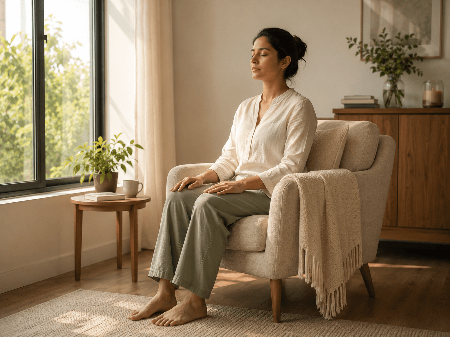 A person seated calmly with eyes closed in a sunlit, neutral-toned living room