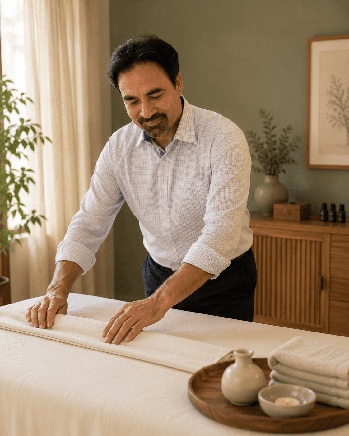Happy Arora preparing a treatment table in a calm, softly lit treatment room